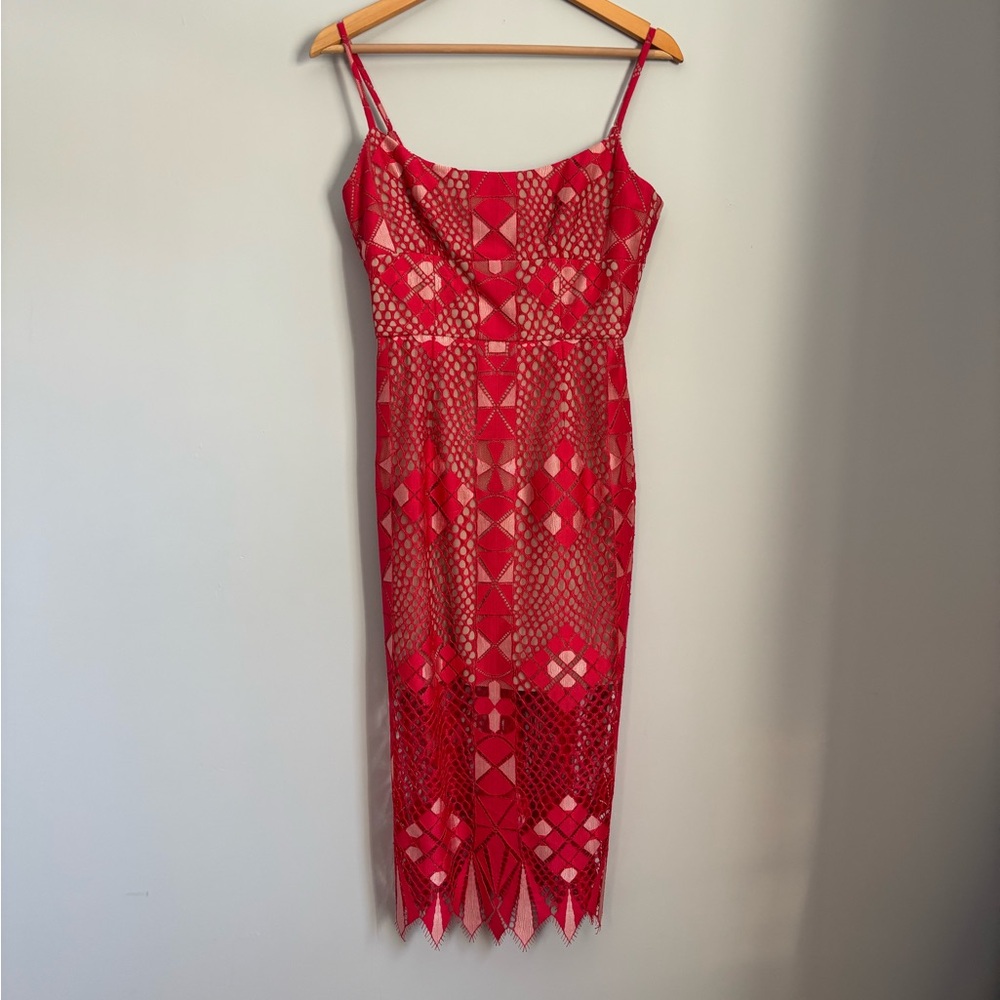 BCBGMaxAzria Red Lace Patterned Midi Dress